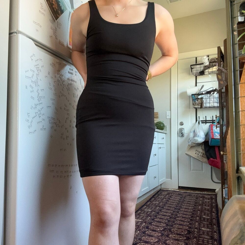 Express Body Contour Black Double Layered Scoop Neck Mini Dress Size XS